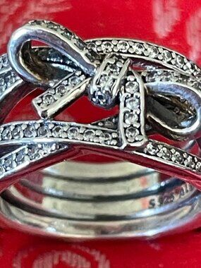 Pandora 925 silver bow ring with diamond accents, size 5 USA/50 mm EU